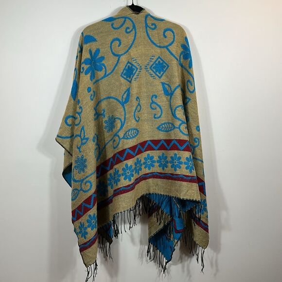 Poncho Shawl Wrap with Fringe Blue Brown Red Autumn Fall Winter Southwestern - Picture 4 of 5